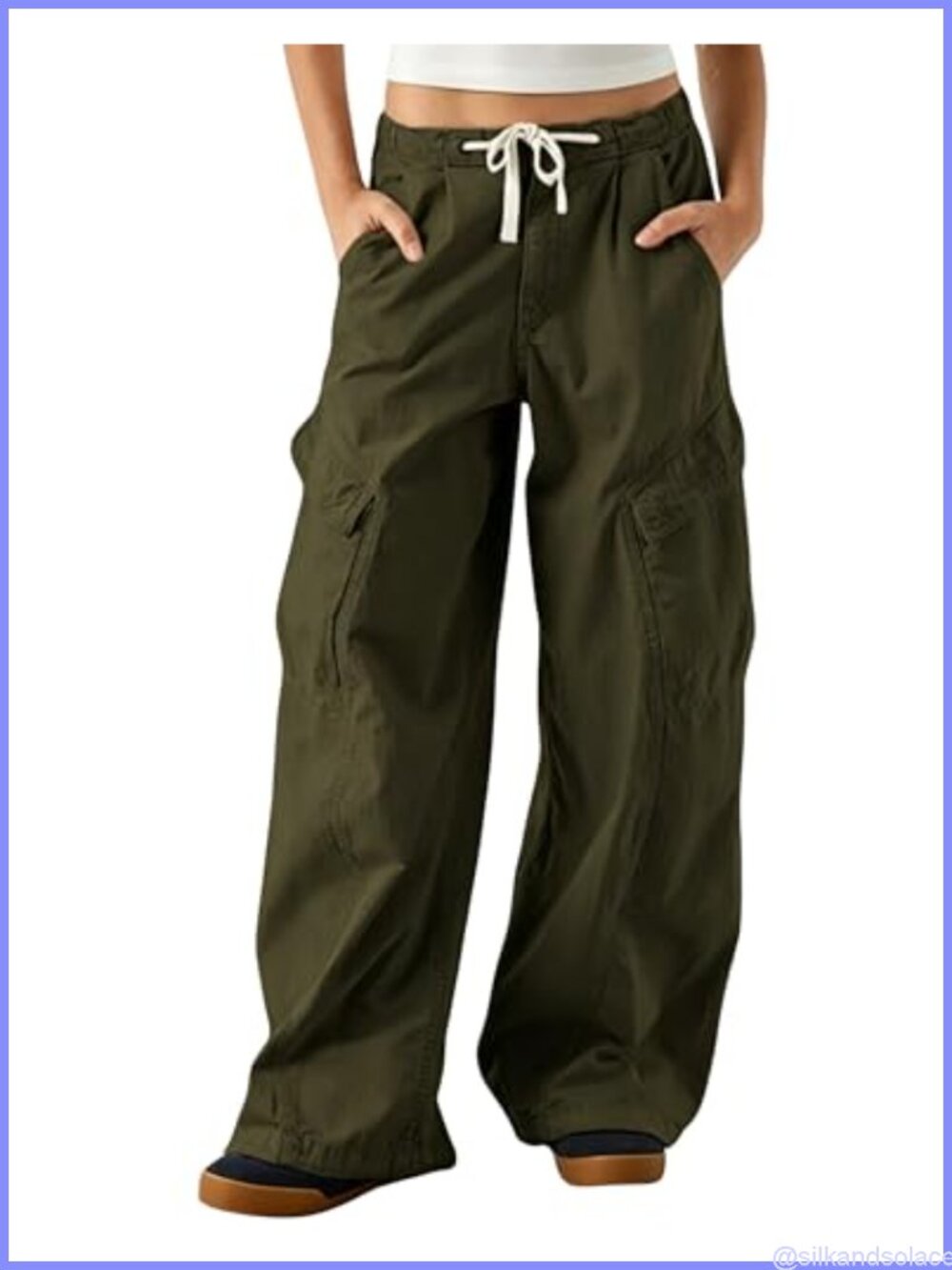 Women's Cotton Barrel Leg Cargo Pants Drawstring Elastic Waist Baggy Jeans with